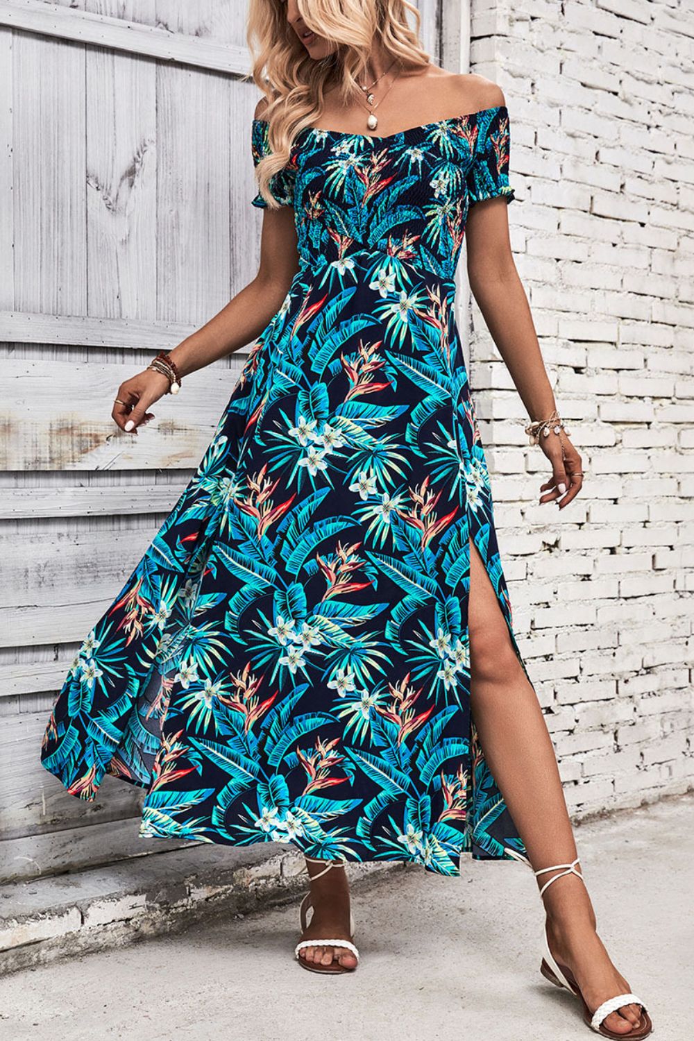 Tropical Floral Off-Shoulder Smocked Bodice Summer Maxi Dress