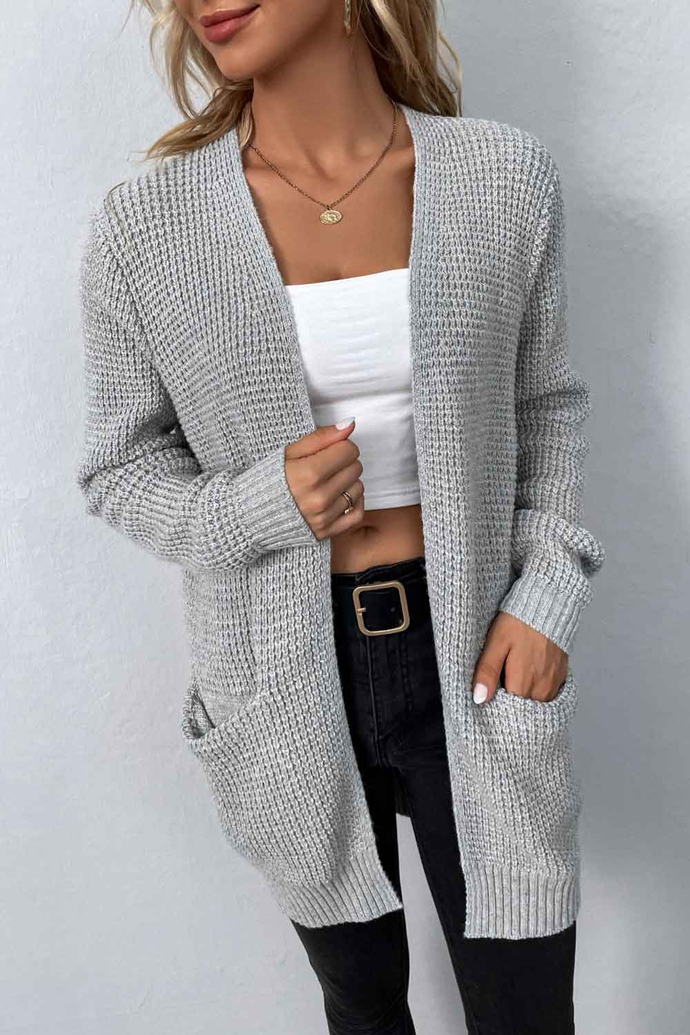 Waffle Knit Longline Open Front Sweater Pocket Cardigan