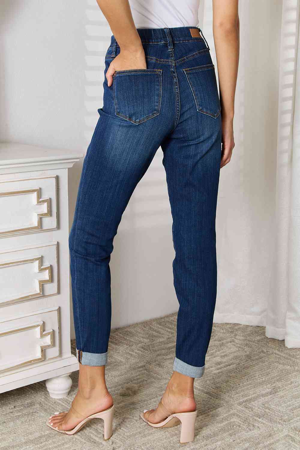 Skinny Ankle Cuffed Pants Cropped Dark Whisker Wash Stretch Denim Judy Blue Jeans