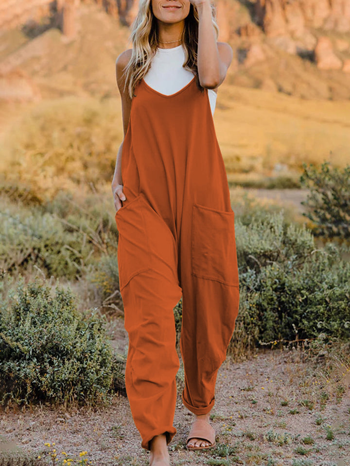 Oversized Hippie V-Neck Sleeveless Pant Pocket Jumpsuit