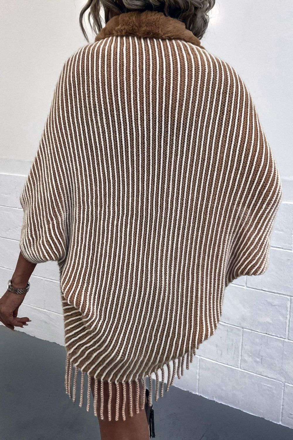 Stripe Faux Fur Retro Fringe Hem Open Front Shrug Knit Bolero Cardigan