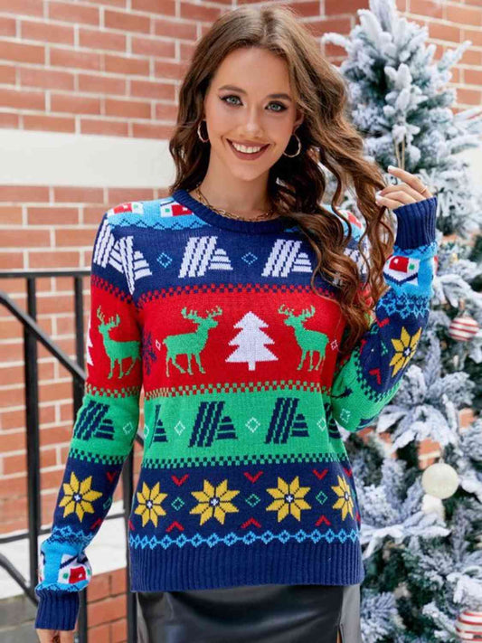 Knit Fair Isle Tree Reindeer Snowflake Bold Geometric Classic Winter Sweater