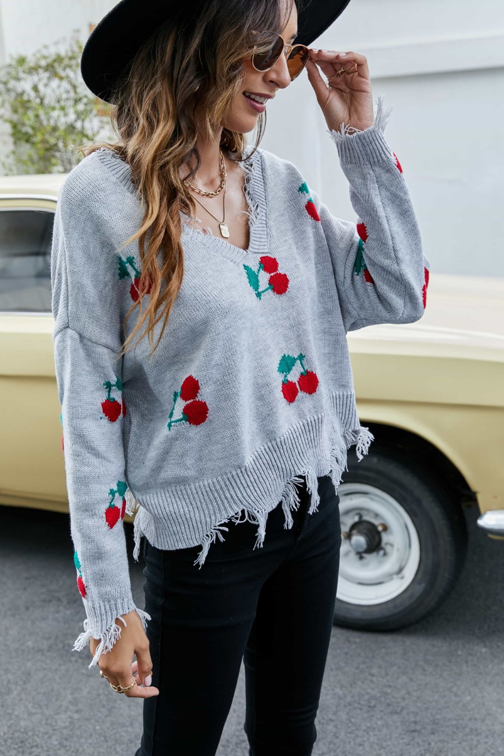 Cherry Crop Top Long Sleeve Raw Hem Knit Pullover Sweater (3 colors available)
