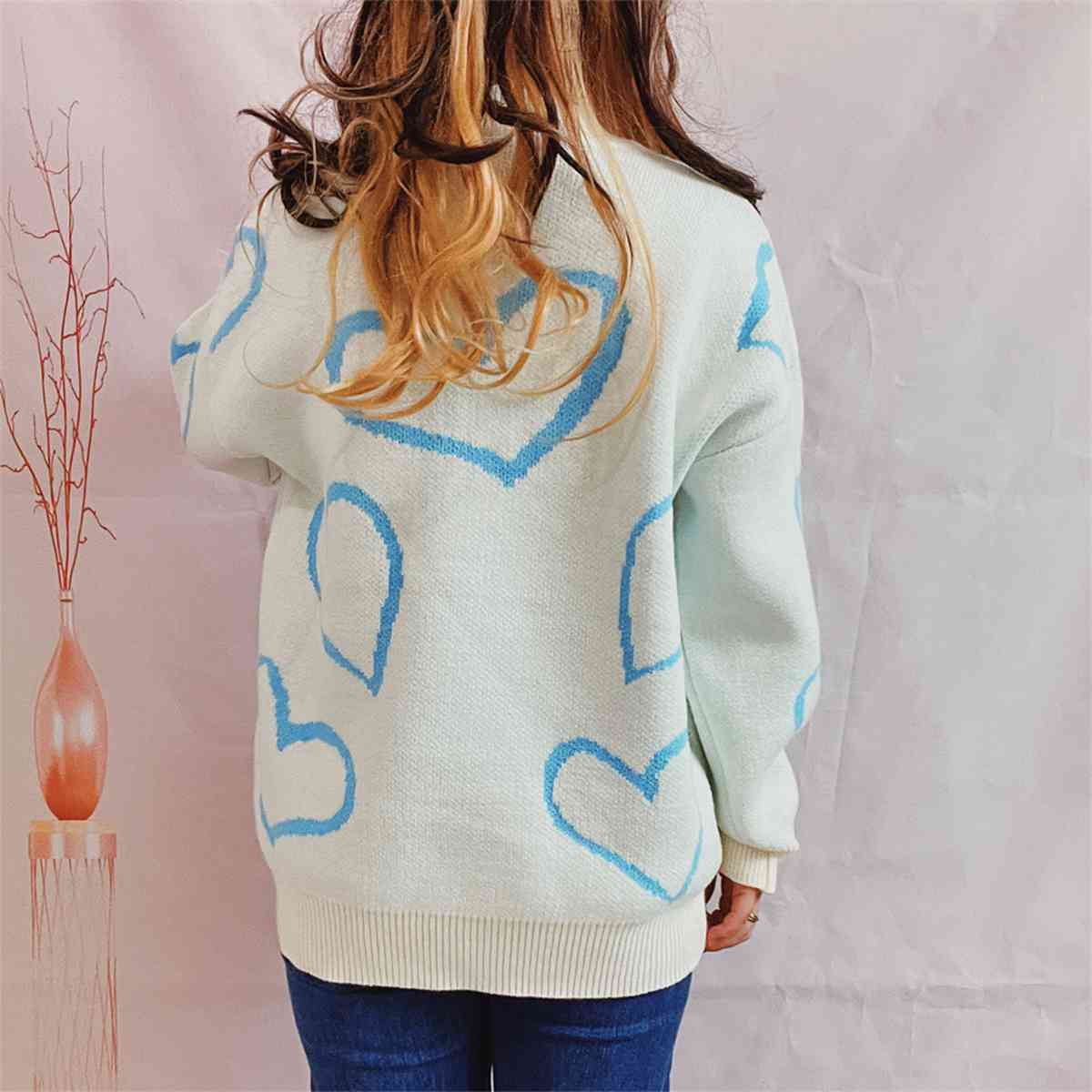 Knit Heart Color Contrasting Classic Long Sleeve Round Neck Pullover Sweater Top