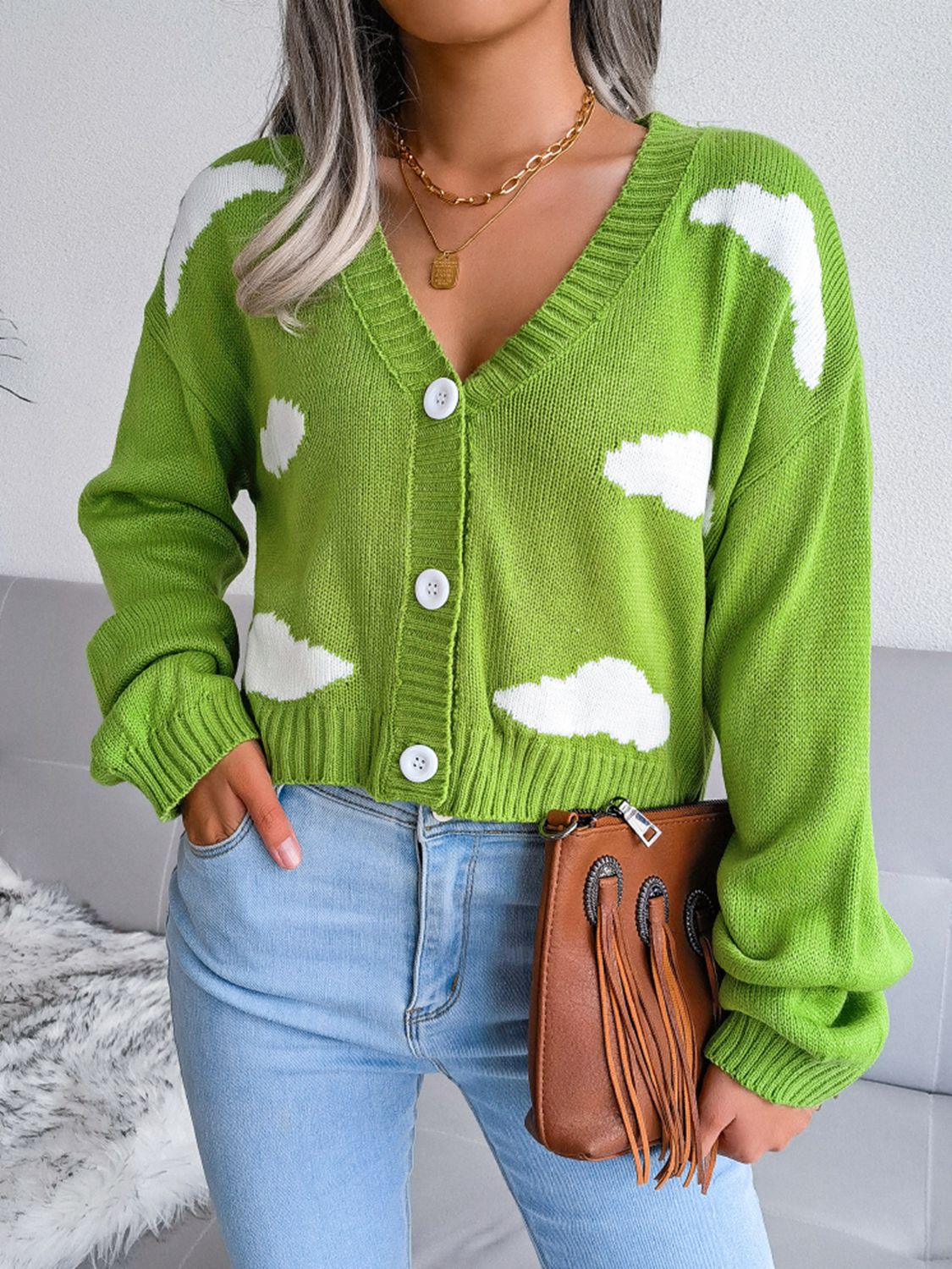 Cloud Print Cropped Classic Knit Button Front Retro Long Sleeve Cardigan