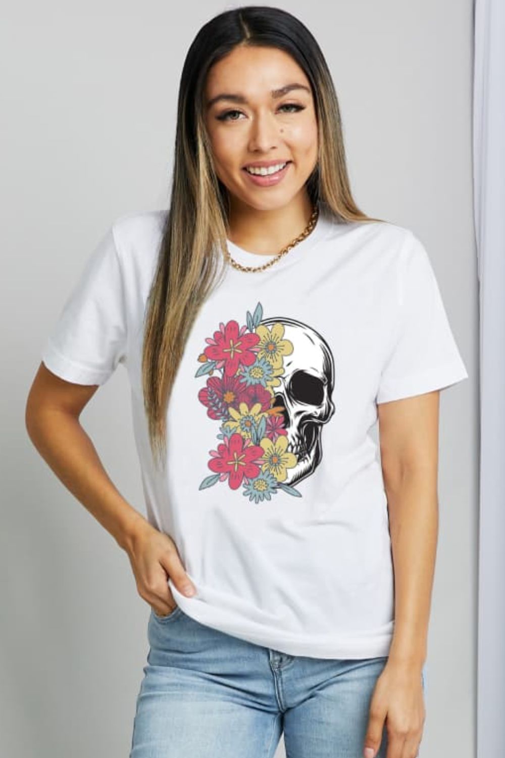 Colorful Floral Skull Graphic 100% Cotton Short Sleeve Tee Shirt (Plus Size Available)
