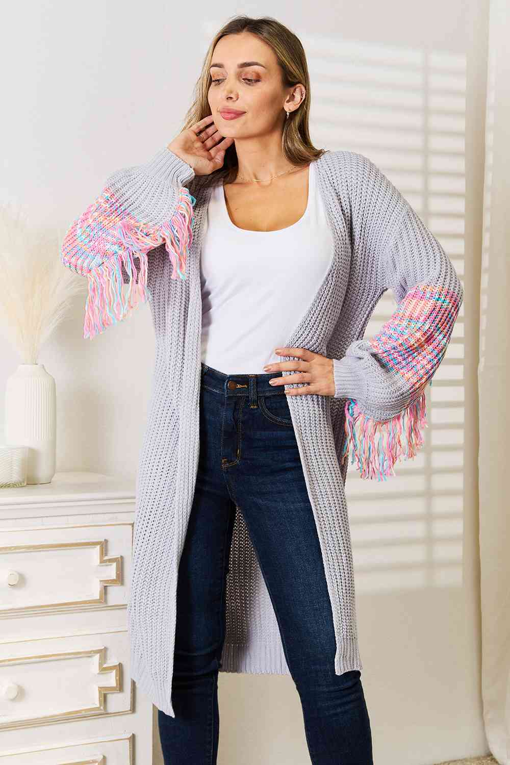 Fringe Retro Waffle Knit Cardigan Sleeve Colorful Open Front Sweater Duster
