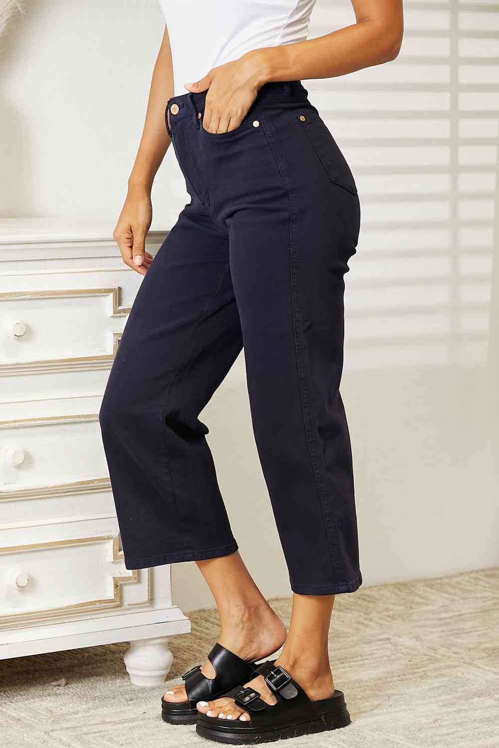 Tummy Control High Waist Navy Demim Jean Judy Blue Cropped Pants
