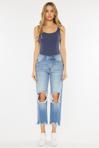 KanCan High-Rise Distressed Denim Raw Cropped Straight Leg Mom Jean Cotton Pants