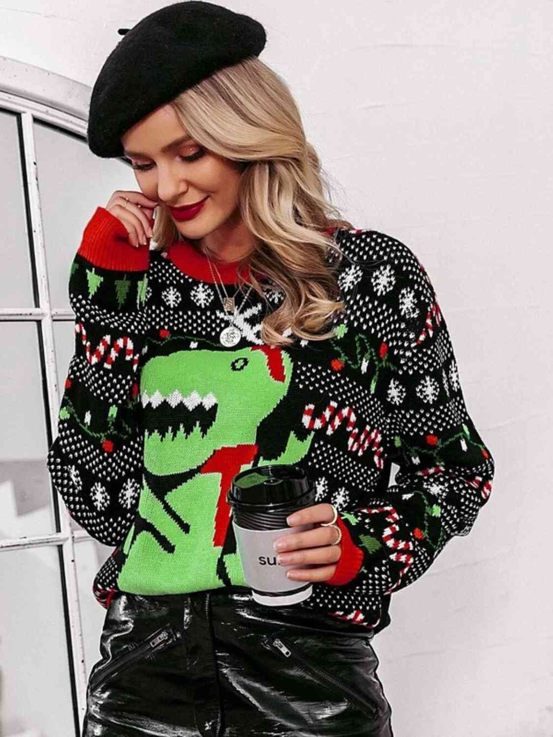 T-Rex Knit Dinosaur Holiday Christmas Light Fun Long Sleeve Sweater