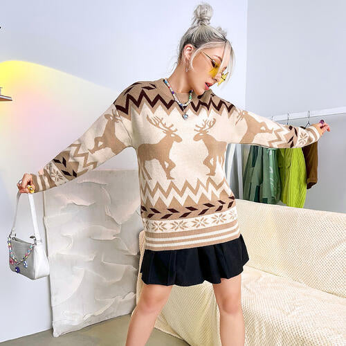Geometric Reindeer Fair Isle Knit Round Neck Classy Holiday Sweater Top