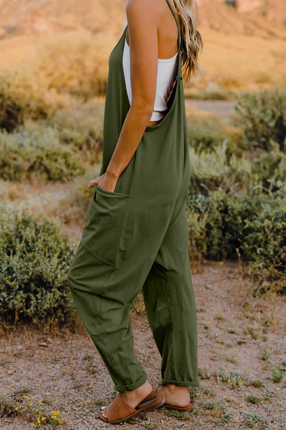 Oversized Hippie V-Neck Sleeveless Pant Pocket Jumpsuit