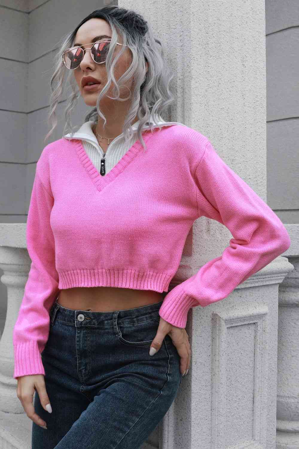 Collar Contrast Color Preppy Crop Top Long Sleeve Faux Layer Sweater Shirt