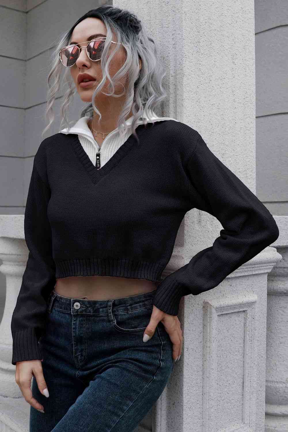 Collar Contrast Color Preppy Crop Top Long Sleeve Faux Layer Sweater Shirt