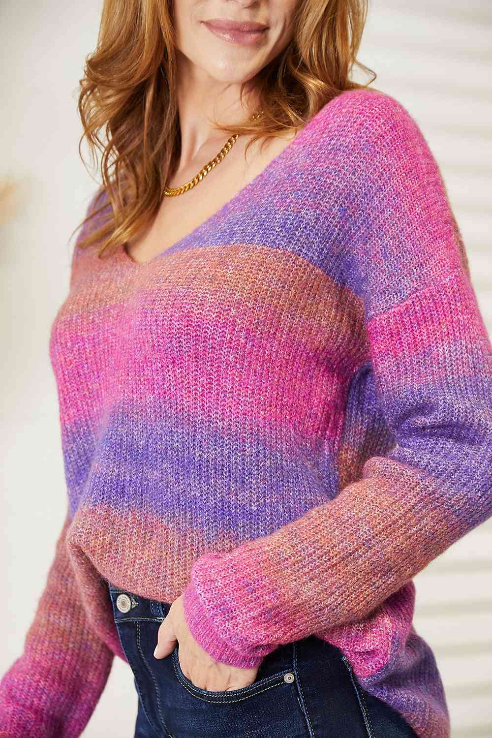 Bright Multicolor Ombre Ribbed Knit Pullover Oversized Split Hem Tunic Sweater Shirt