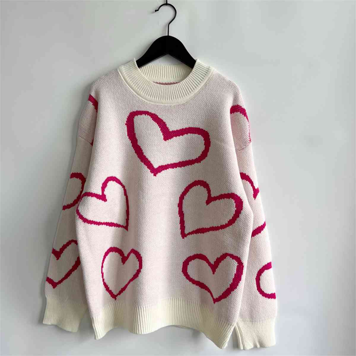 Knit Heart Color Contrasting Classic Long Sleeve Round Neck Pullover Sweater Top