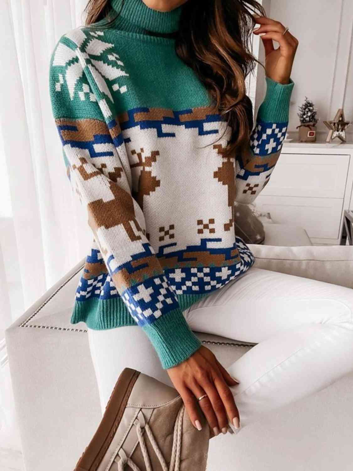 Knit Fair Isle Reindeer Snowflake Turtleneck Bold Geometric Classic Sweater