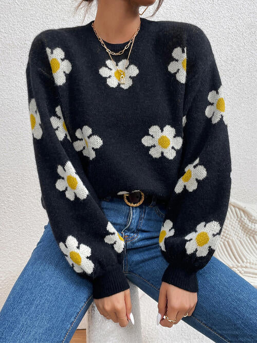 Daisy Retro Flower Knit Pullover Classic Long Lantern Sleeve Sweater Shirt