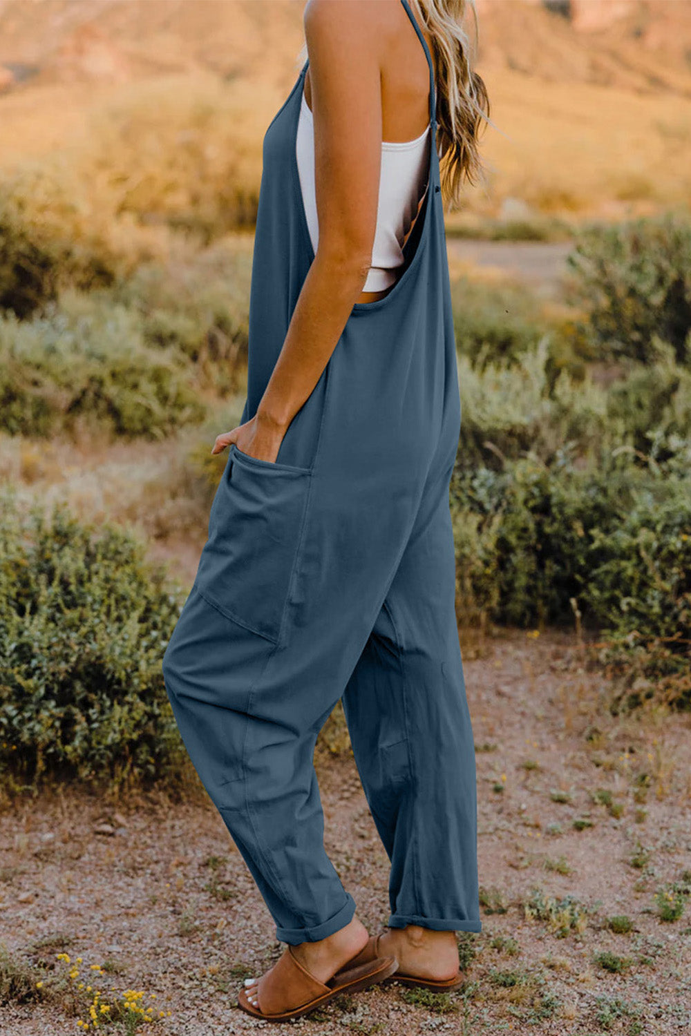 Oversized Hippie V-Neck Sleeveless Pant Pocket Jumpsuit