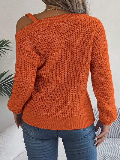 Waffle Knit Cold Shoulder Asymmetrical Gold Accent Long Sleeve Sweater Shirt