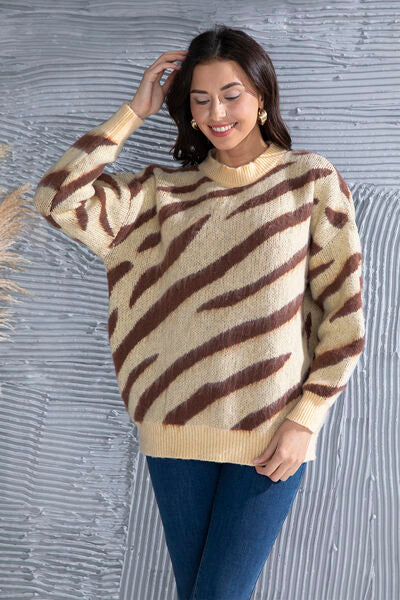 Zebra Stripe Animal Print Long Sleeve Round Neck Oversized Sweater Shirt