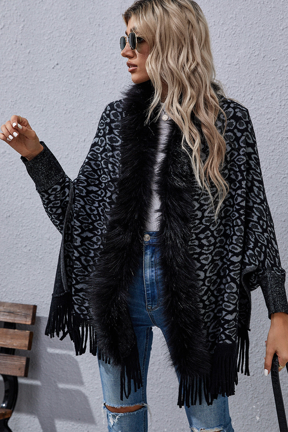 Faux Fur Knit Leopard Print Fringe Bottom Long Sleeve Cardigan Poncho
