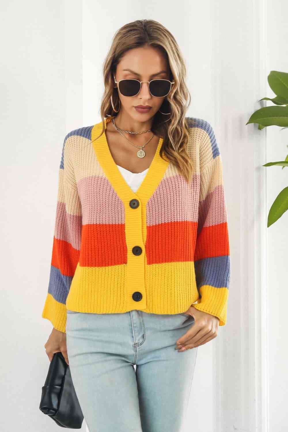Cropped Color Block Waffle Knit Button Front Retro Long Sleeve Cardigan Sweater