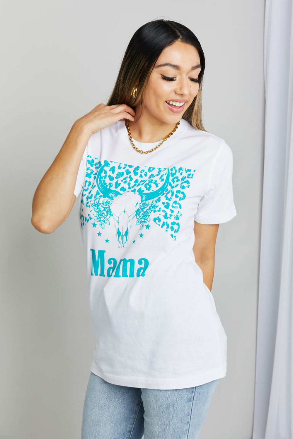 Western MAMA Graphic Teal Bull Horn 100% Cotton Tee Shirt (Plus Size Available)