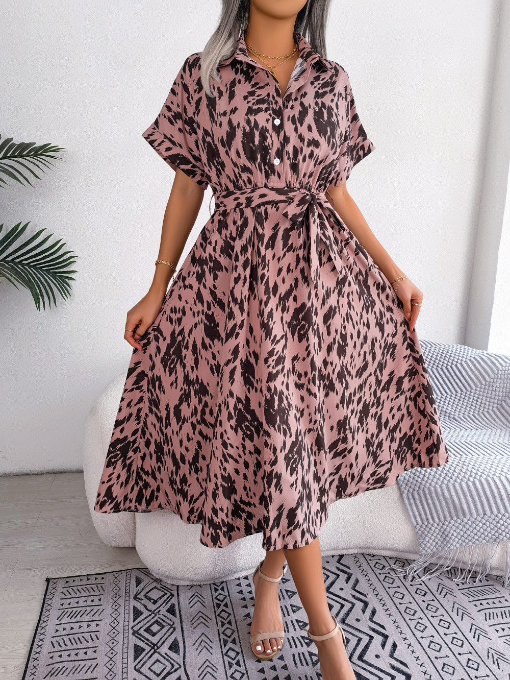 Brush Stroke Print Collared Short Sleeve Waist Tie Belt Midi Dress