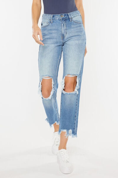KanCan High-Rise Distressed Denim Raw Cropped Straight Leg Mom Jean Cotton Pants