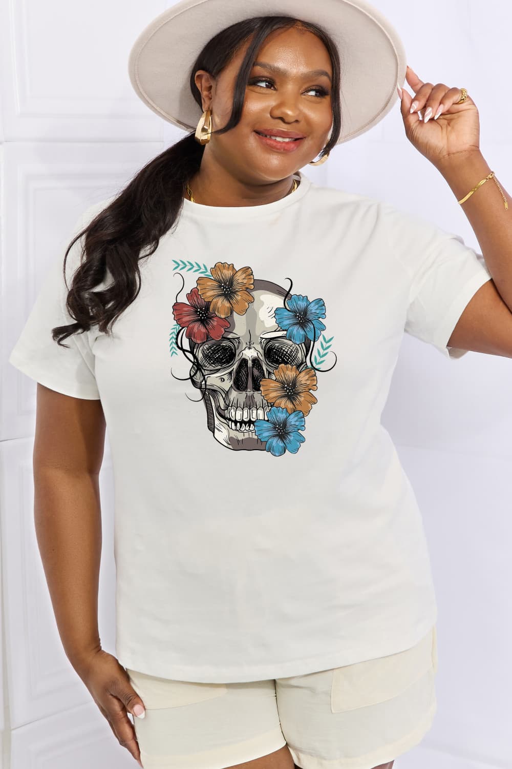 Bright Floral Skull Graphic Short Sleeve Tee Shirt 100% Premium Cotton