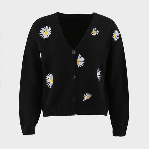 Floral Embroidered Cropped Classic Knit Button Front Retro Long Sleeve Soft Cardigan