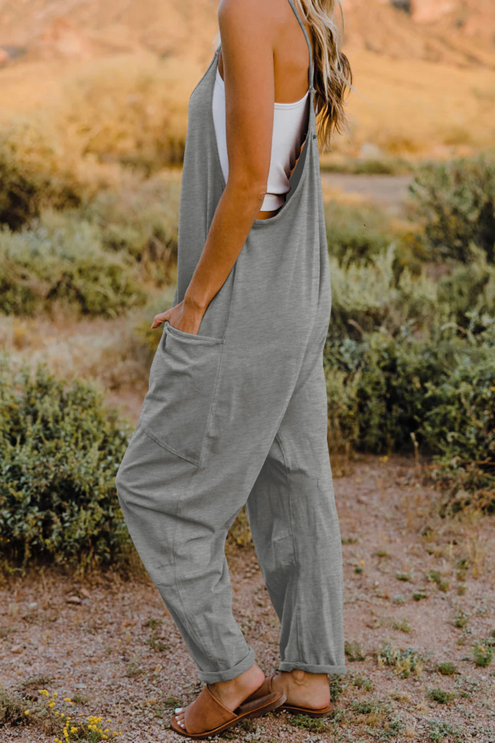 Oversized Hippie V-Neck Sleeveless Pant Pocket Jumpsuit