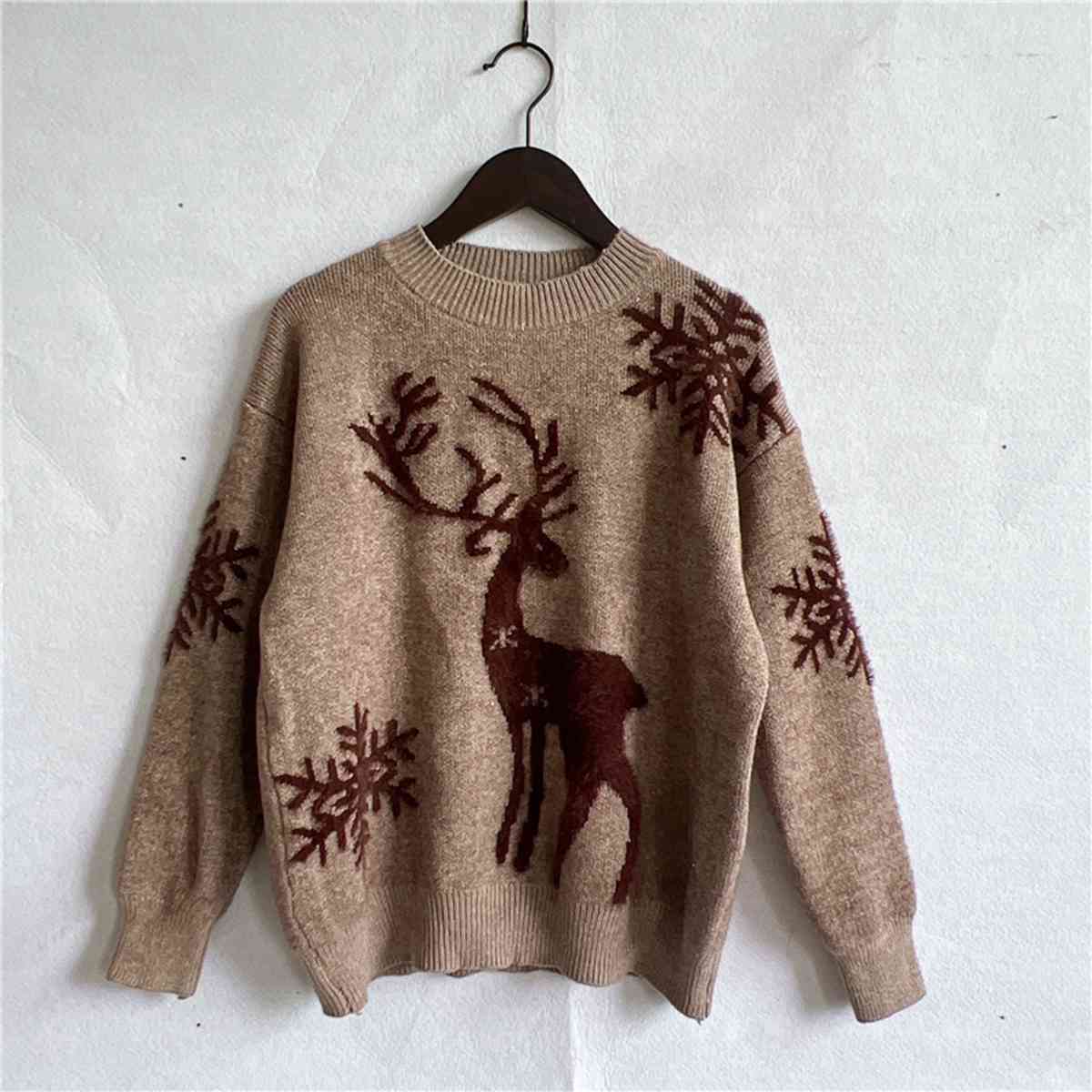 Fuzzy Reindeer Snowflake Knit Round Neck Winter Soft Print Sweater
