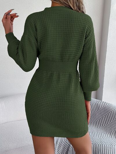 Cable Waffle Knit Blend Sweater Dress Buttoned V-neck Long Sleeve Mini