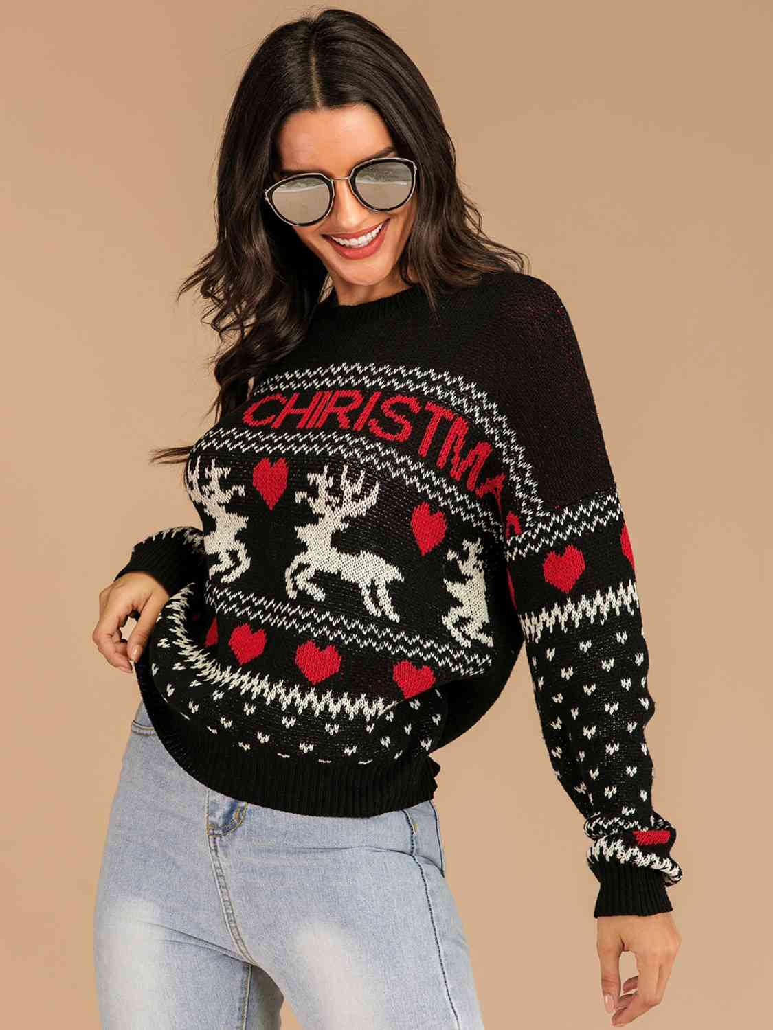 Reindeer Heart Knit Round Neck Holiday Long Sleeve Fair Isle Christmas Sweater