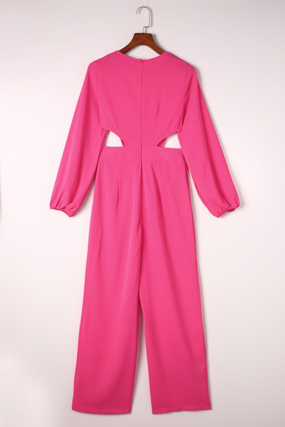 Cutout Side Plunge V-neck Long Sleeve Pant One-piece Neon Hot Pink Jumpsuit
