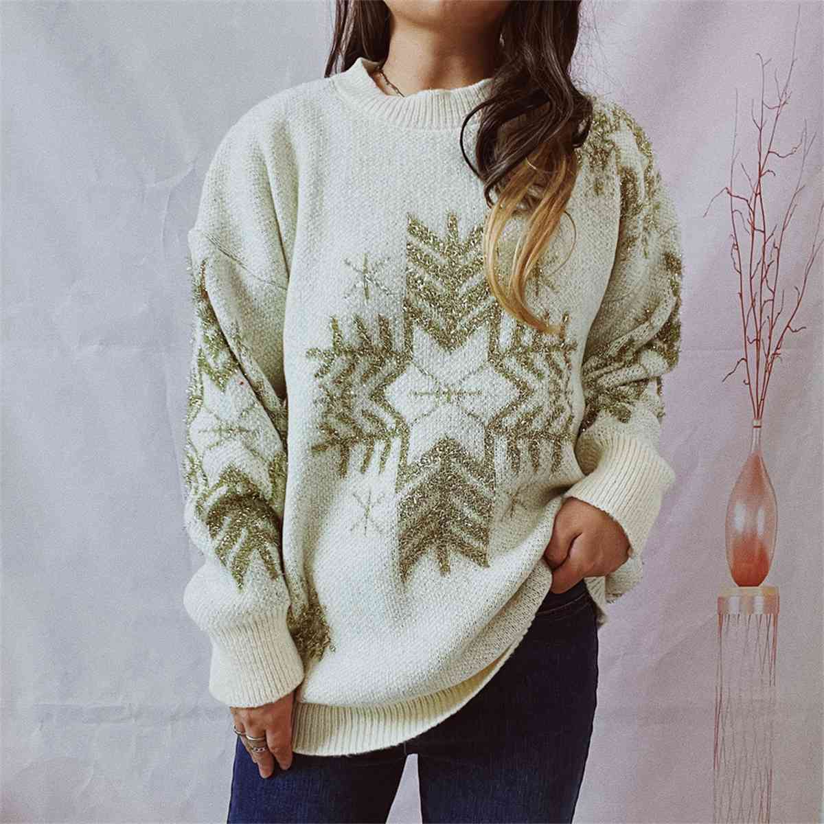 Fuzzy Contrasting Snowflake Knit Round Neck Classy Minimalist Winter Sweater