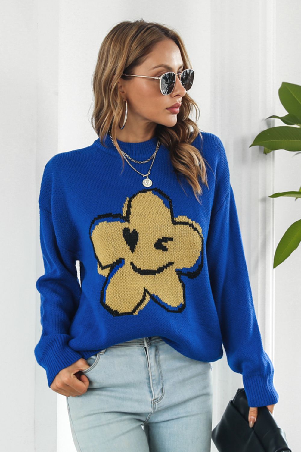 Smiley Face Abstract Flower Bold Color Knit Pullover Long Sleeve Sweater Shirt