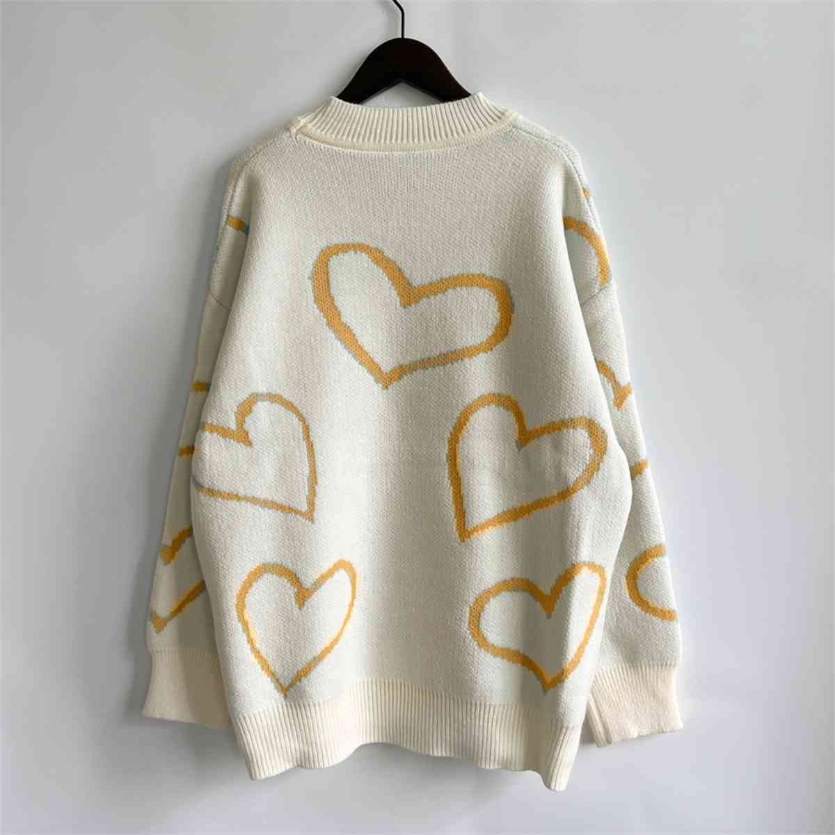 Knit Heart Color Contrasting Classic Long Sleeve Round Neck Pullover Sweater Top
