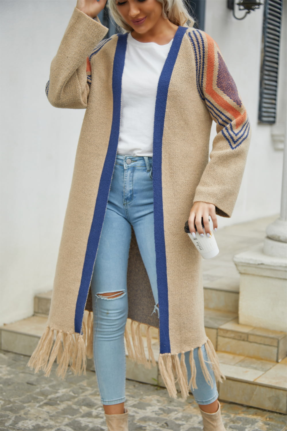 Fringe Retro Geometric Knit Cardigan Sleeve Colorful Open Front Sweater Duster