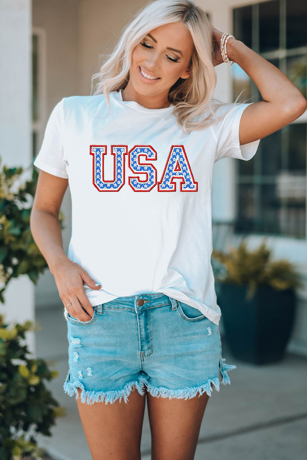 Embroidered USA Patriotic Top Cuffed Short Sleeve T-Shirt