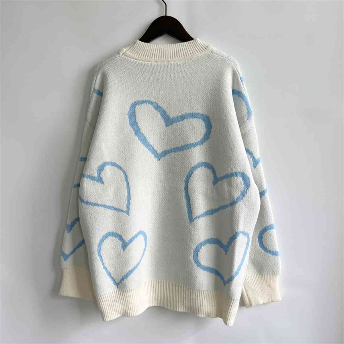 Knit Heart Color Contrasting Classic Long Sleeve Round Neck Pullover Sweater Top