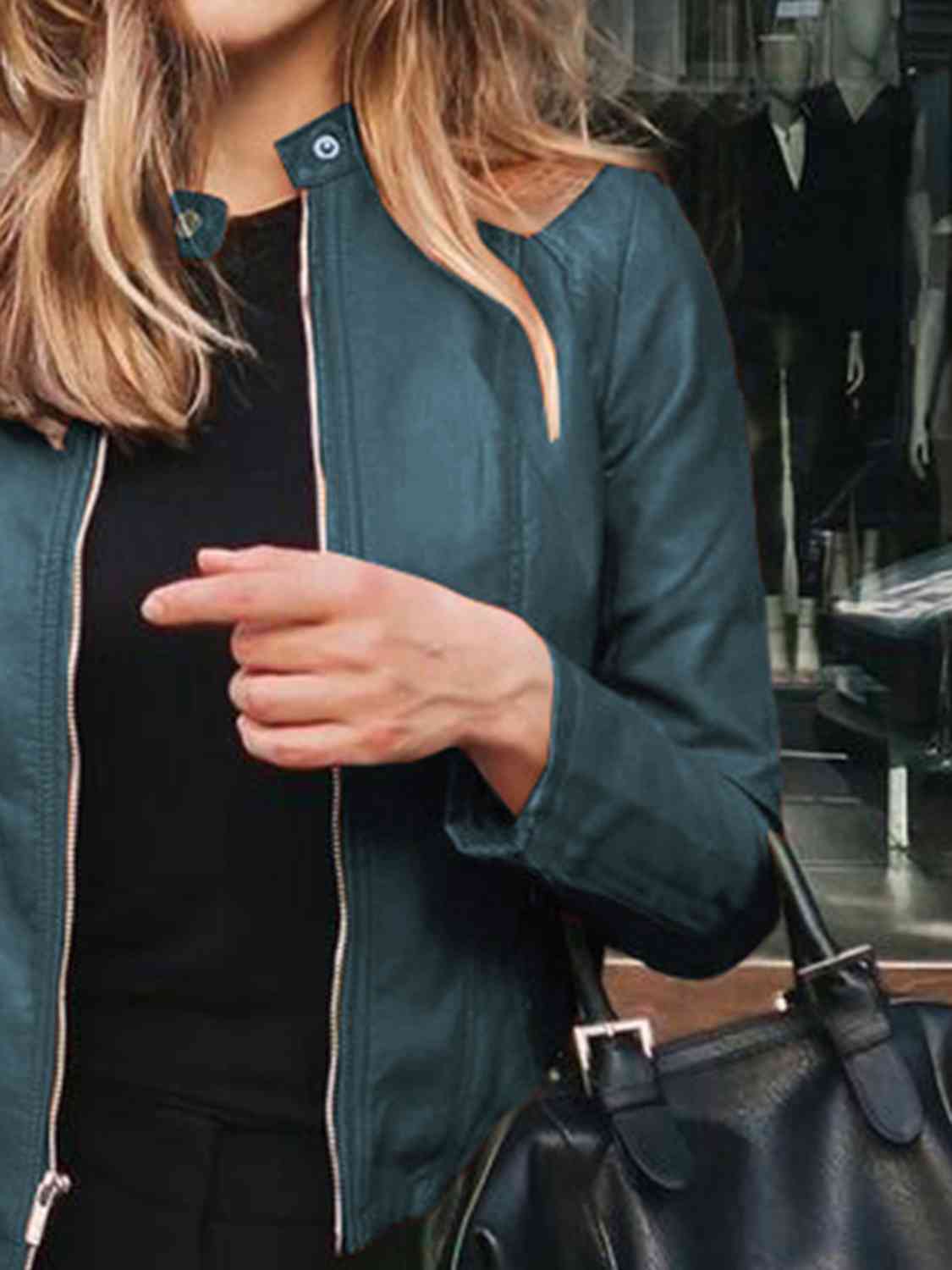 Chic Moto Vegan Leather Jacket Zip-up Sleek Snap Mock Neck