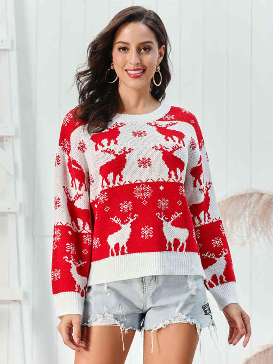 Reindeer Snowflake Fair Isle Knit Round Neck Classic Holiday Sweater Minimalist