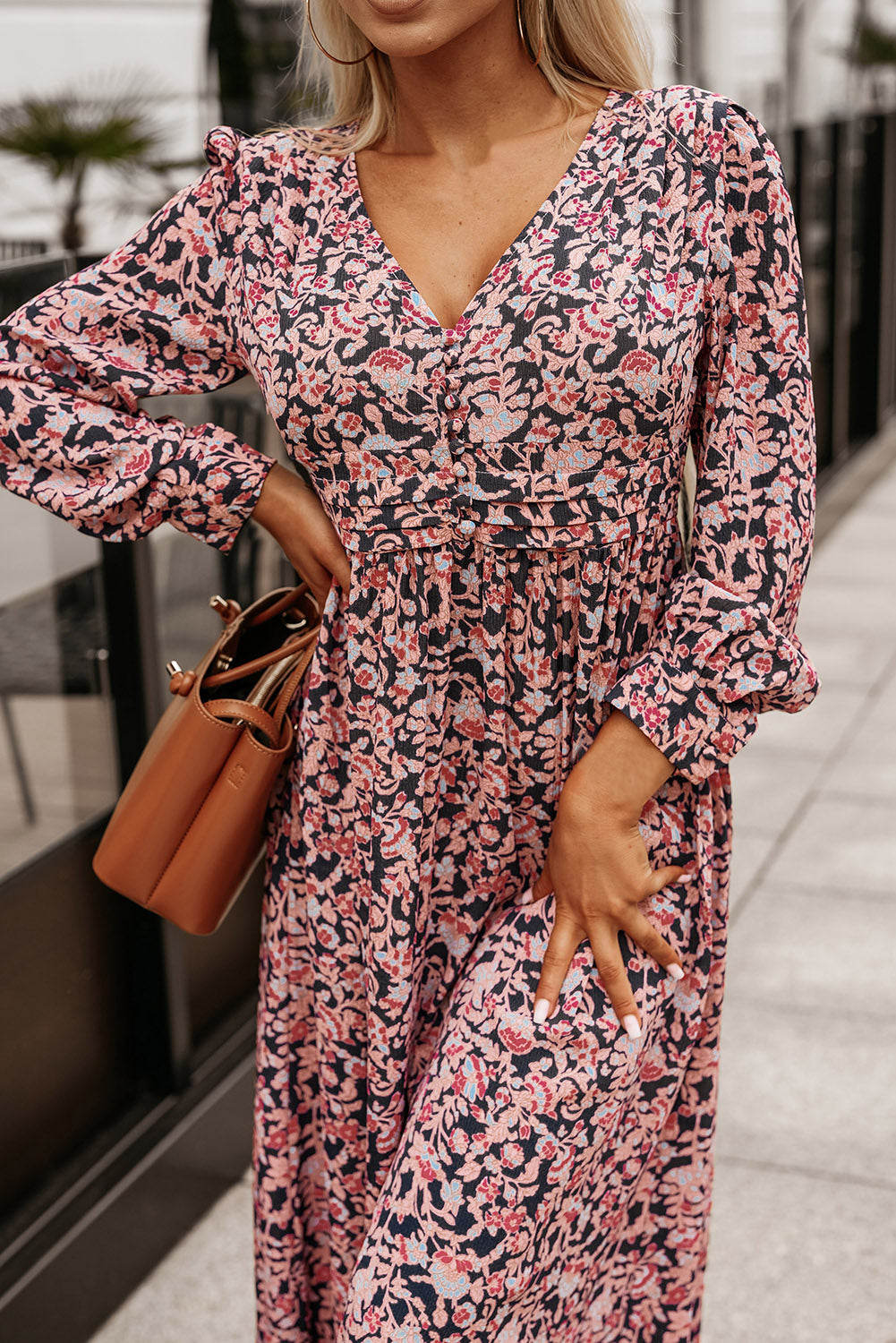 Abstract Pink Floral V-Neck Buttoned Chest Long Sleeve Maxi Dress