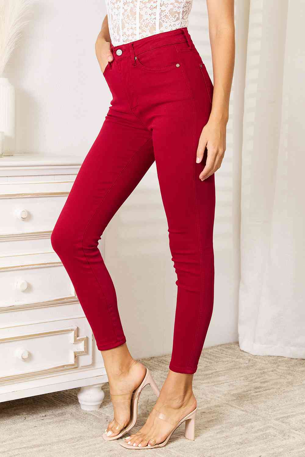 Tummy Control High-Rise Waist Red Demim Judy Blue Skinny Jean Pants