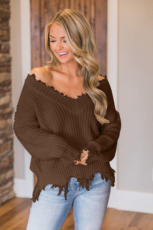 Distressed Raw Hem Off Shoulder Wide Neck Long Sleeve Waffle Knit Sweater Shirt