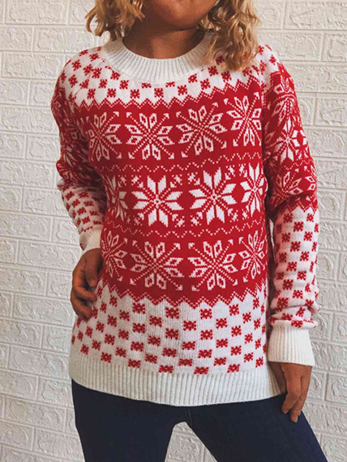 Fair Isle Color Contrast Winter Snowflake Long Sleeve Minimalist Sweater
