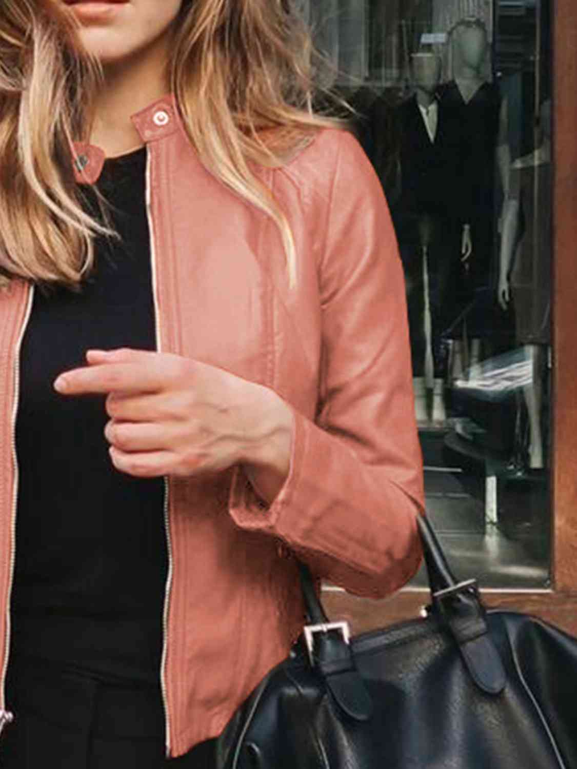 Chic Moto Vegan Leather Jacket Zip-up Sleek Snap Mock Neck